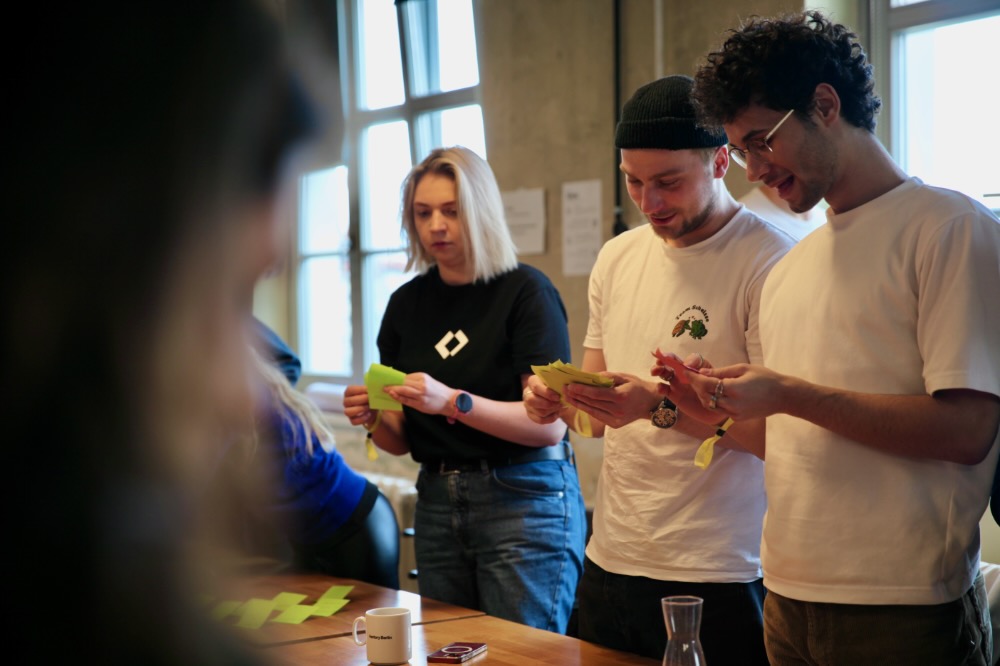 Photograph of students taking part in a card sorting exercise as part of a design workshop